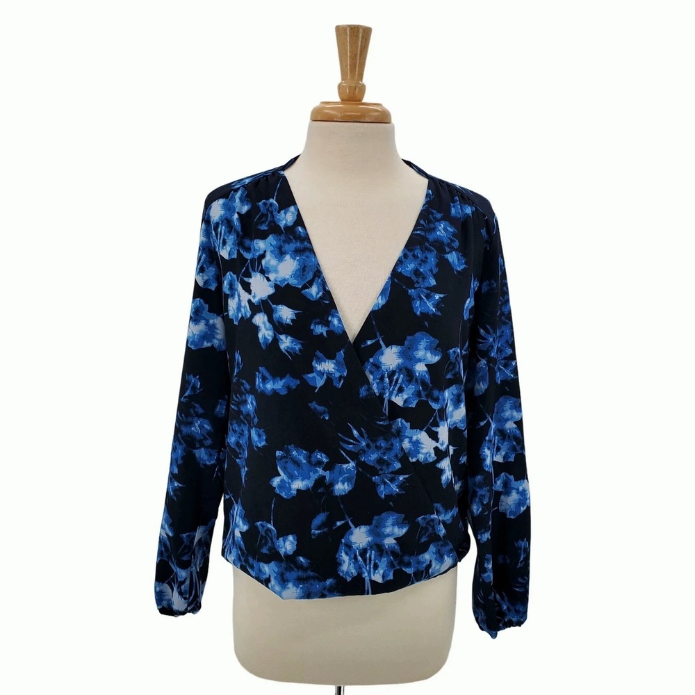 Vince Camuto Navy Blue‎ Floral Faux Wrap Blouse Lightweight Long Sleeve Womens S